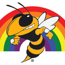 Buzz with a rainbow background